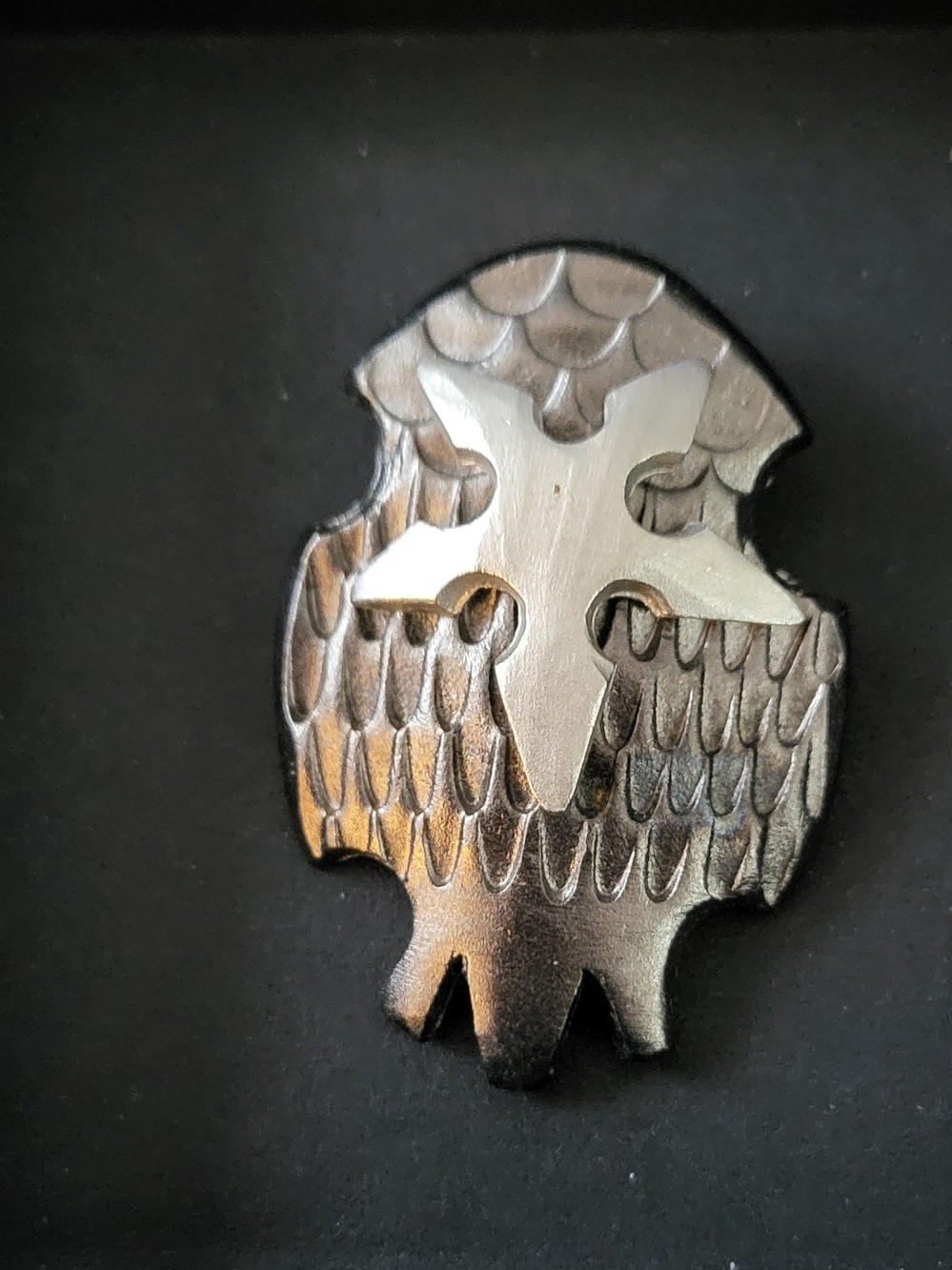 Metal Eagle Shield Pin in Silver and Black. Statement Piece